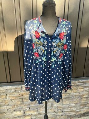 Johnny Was Navy Polka Dot Tunic with Colorful Floral Embroidery